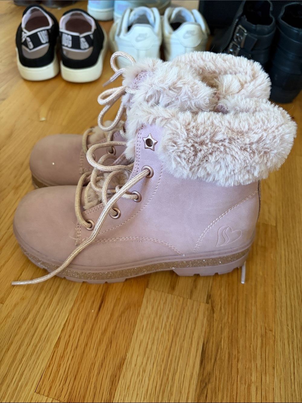 Kids Skechers Faux-Fur Glitter Lace-Up Winter Boots - Pink - 1